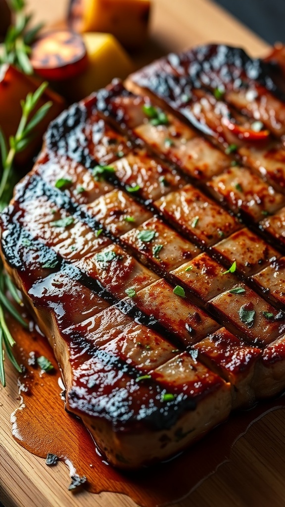 Medium-rare steak on a cutting board, garnished with herbs and served with roasted vegetables.